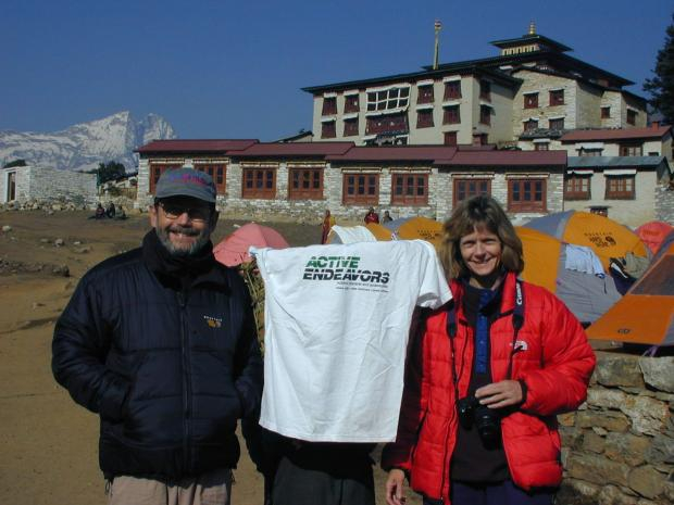 2000 John Hobbs wife, Davia Gallup, and I on a trek to Mt Everest base camp. This photo taken in Tengboche (12,700 ft)